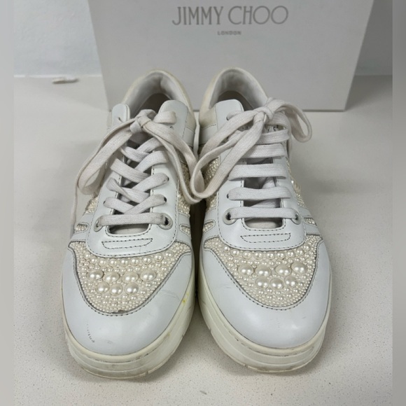 JIMMY CHOO Hawaii Calf Leather/ Canvas White Pearl Women’s Sneakers - Picture 4 of 8